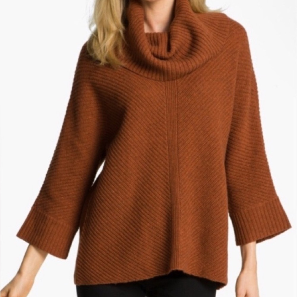 Eileen Fisher Yak and Wool Blend Cowl Neck Sweater Burnt Orange Medium Petit
